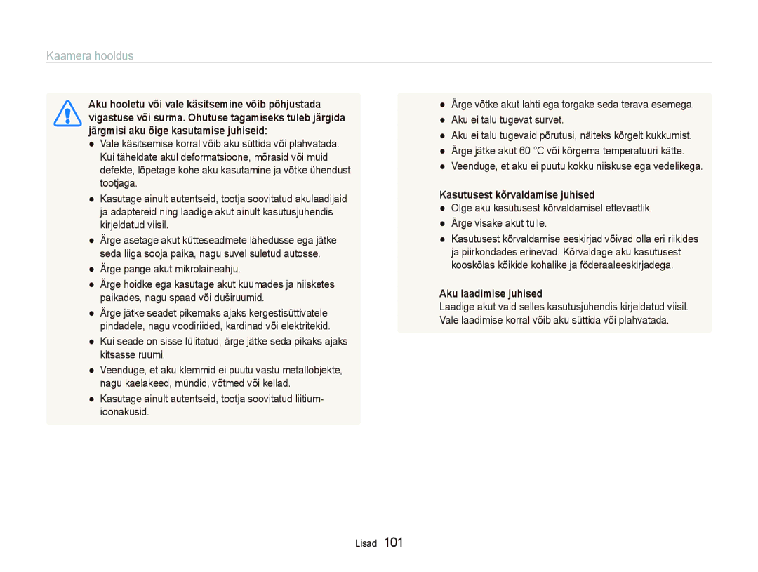 Samsung EC-ST5000BPBRU manual Ärge pange akut mikrolaineahju, Kasutusest kõrvaldamise juhised, Aku laadimise juhised 