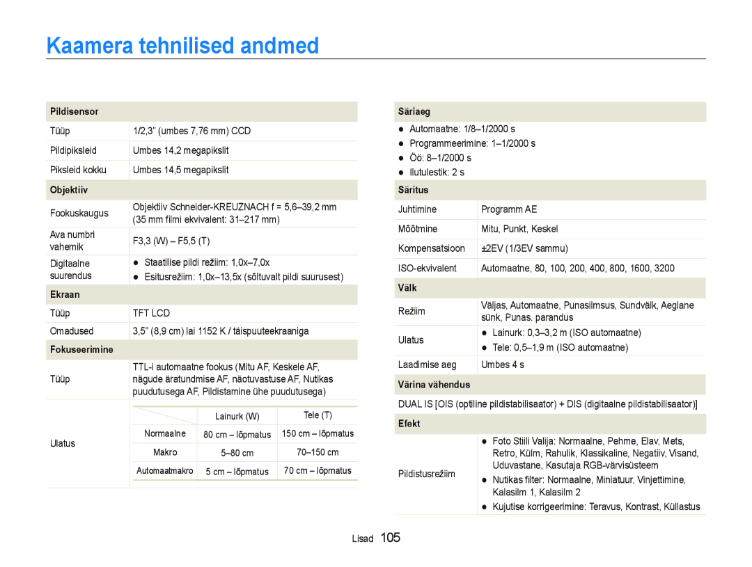 Samsung EC-ST5000BPBRU, EC-ST5000BPARU manual Kaamera tehnilised andmed, Pildisensor 