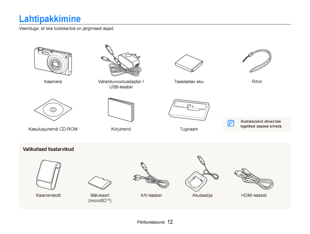 Samsung EC-ST5000BPARU, EC-ST5000BPBRU manual Lahtipakkimine, Valikulised lisatarvikud 