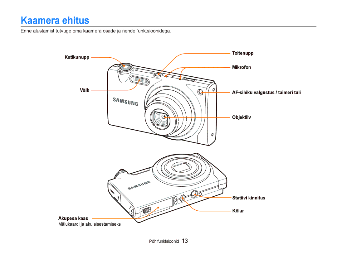 Samsung EC-ST5000BPBRU, EC-ST5000BPARU manual Kaamera ehitus, Katikunupp, Mälukaardi ja aku sisestamiseks 