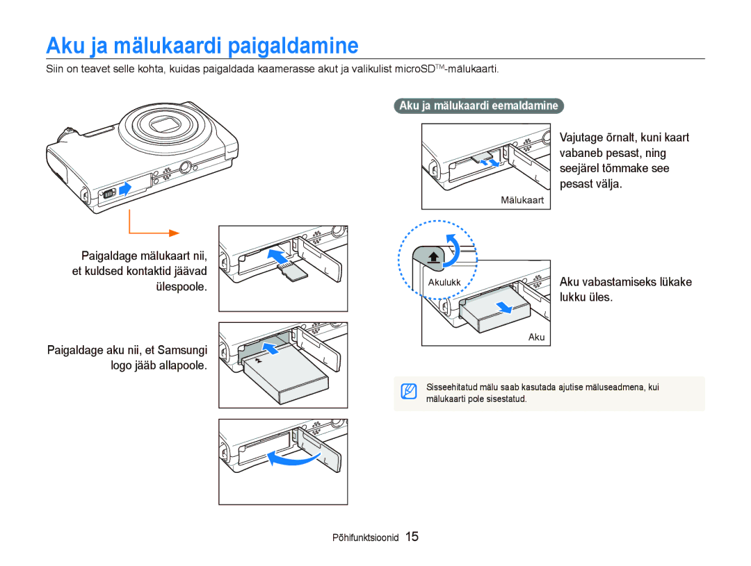 Samsung EC-ST5000BPBRU, EC-ST5000BPARU manual Aku ja mälukaardi paigaldamine, Lukku üles, Aku ja mälukaardi eemaldamine 