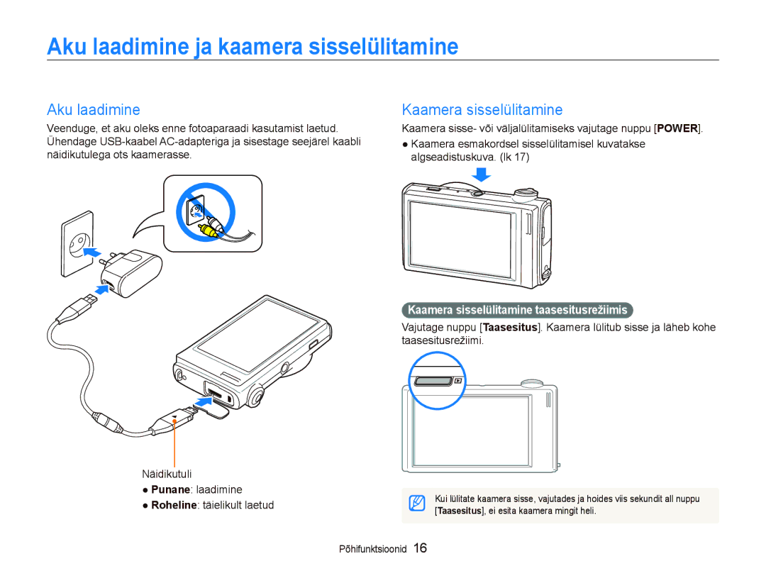 Samsung EC-ST5000BPARU, EC-ST5000BPBRU manual Aku laadimine ja kaamera sisselülitamine, Kaamera sisselülitamine 