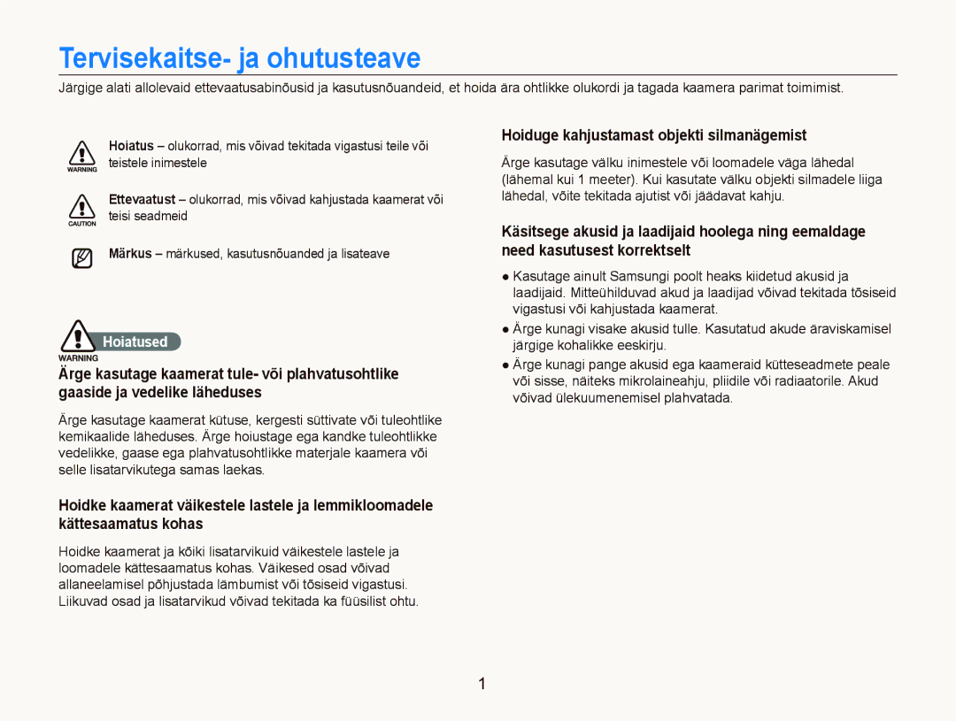 Samsung EC-ST5000BPBRU manual Tervisekaitse- ja ohutusteave, Hoiduge kahjustamast objekti silmanägemist, Hoiatused 