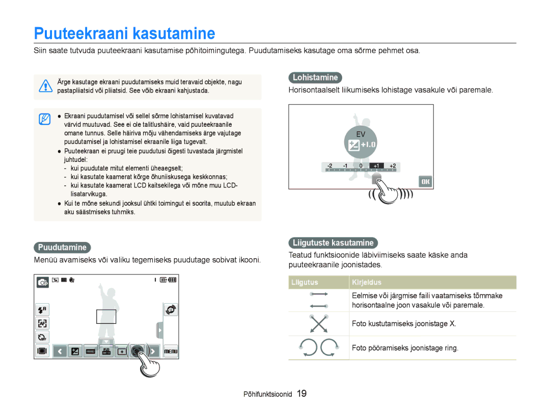 Samsung EC-ST5000BPBRU, EC-ST5000BPARU manual Puuteekraani kasutamine, Lohistamine, Puudutamine, Liigutuste kasutamine 