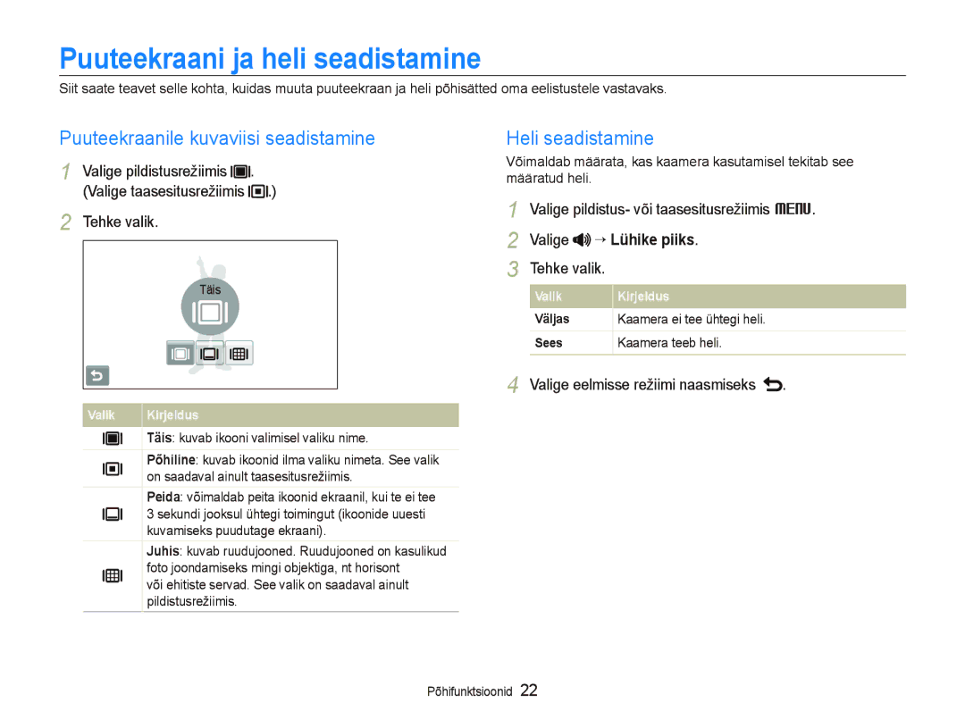 Samsung EC-ST5000BPARU manual Puuteekraani ja heli seadistamine, Puuteekraanile kuvaviisi seadistamine, Heli seadistamine 