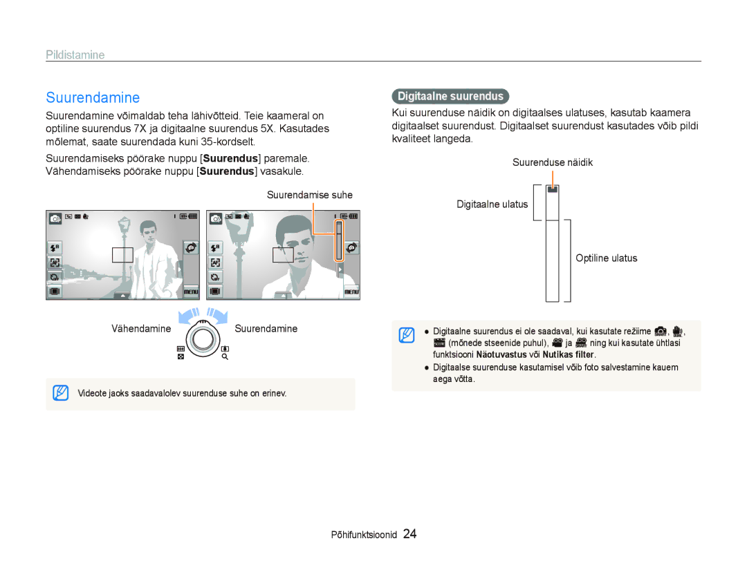 Samsung EC-ST5000BPARU, EC-ST5000BPBRU manual Suurendamine, Pildistamine, Suurendamise suhe, Digitaalne suurendus 