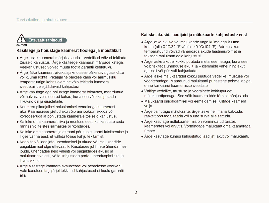 Samsung EC-ST5000BPARU manual Tervisekaitse- ja ohutusteave, Käsitsege ja hoiustage kaamerat hoolega ja mõistlikult 