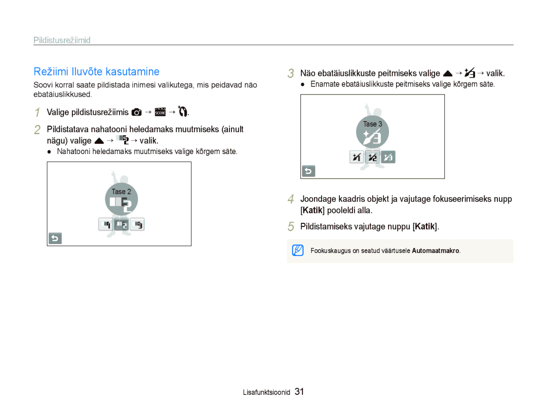 Samsung EC-ST5000BPBRU manual Režiimi Iluvõte kasutamine, Valige pildistusrežiimis a “ s ““, Nägu valige f ““ ““valik 