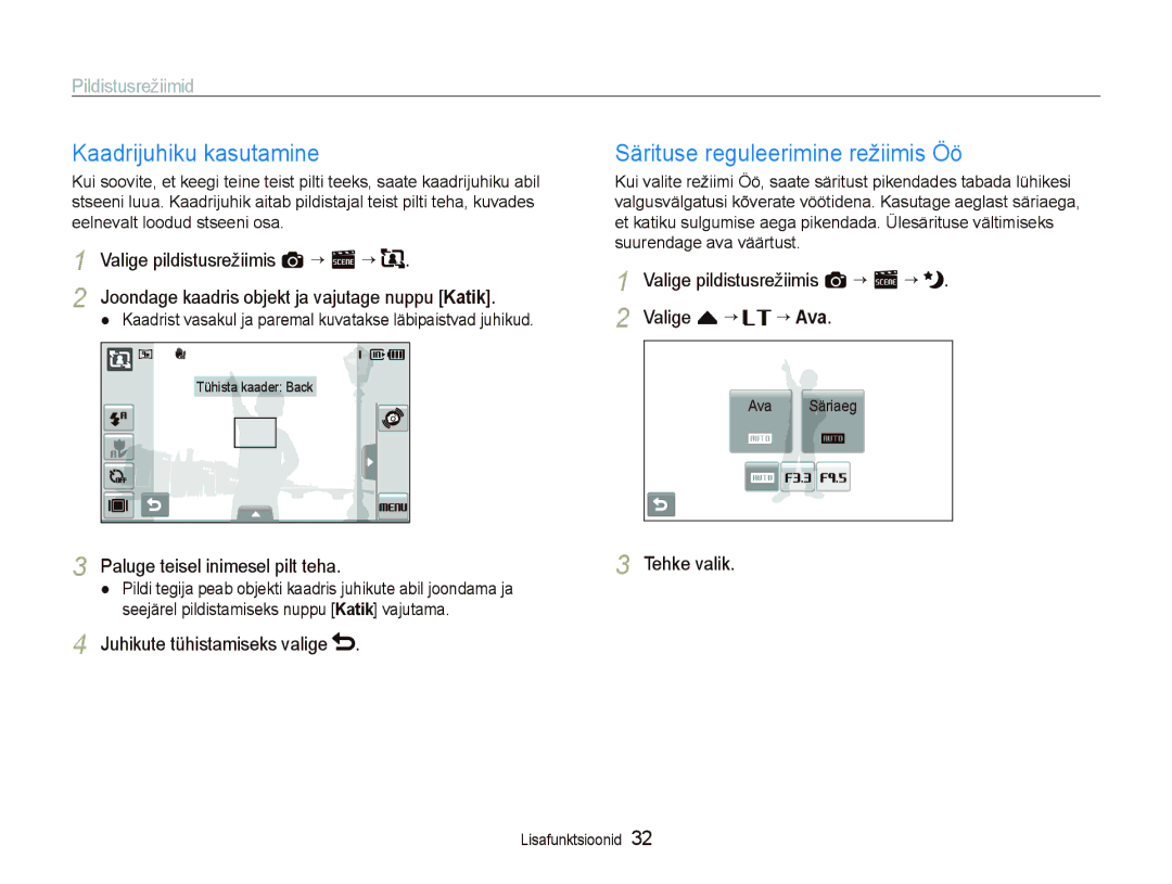 Samsung EC-ST5000BPARU, EC-ST5000BPBRU manual Kaadrijuhiku kasutamine, Särituse reguleerimine režiimis Öö 