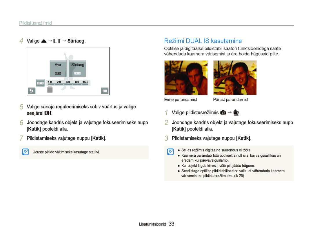 Samsung EC-ST5000BPBRU, EC-ST5000BPARU manual Režiimi Dual is kasutamine, ““Säriaeg 