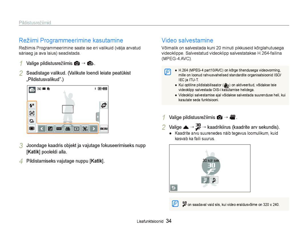 Samsung EC-ST5000BPARU, EC-ST5000BPBRU manual Režiimi Programmeerimine kasutamine 