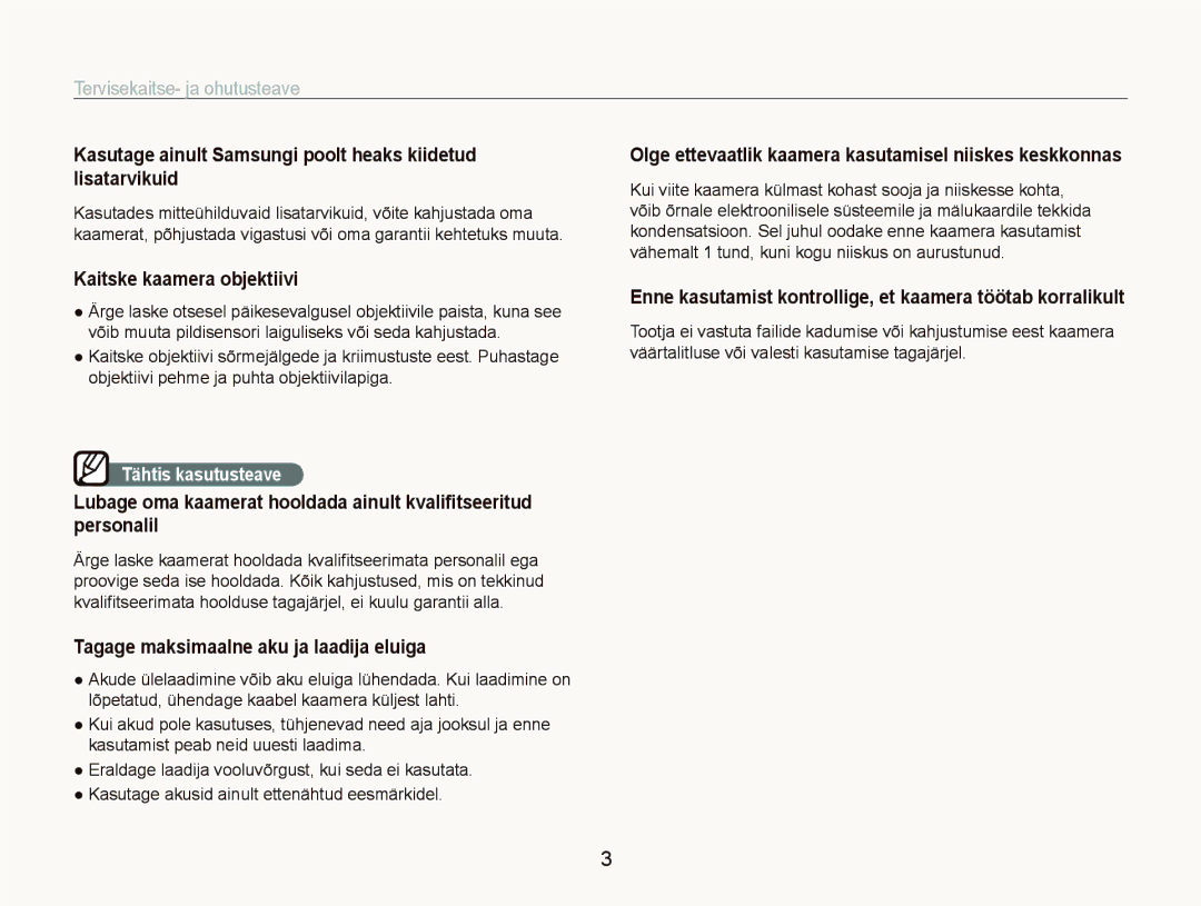 Samsung EC-ST5000BPBRU manual Kasutage ainult Samsungi poolt heaks kiidetud lisatarvikuid, Kaitske kaamera objektiivi 