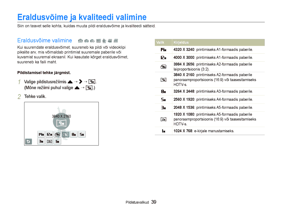 Samsung EC-ST5000BPBRU, EC-ST5000BPARU manual Eraldusvõime ja kvaliteedi valimine, Eraldusvõime valimine S a p s d v D 