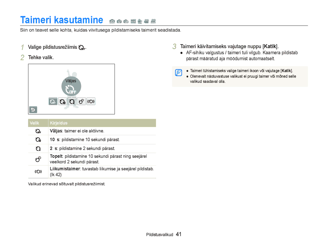 Samsung EC-ST5000BPBRU, EC-ST5000BPARU manual Taimeri kasutamine S a p s d v D, Taimeri käivitamiseks vajutage nuppu Katik 