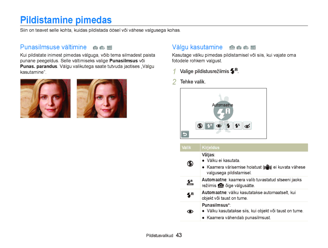 Samsung EC-ST5000BPBRU, EC-ST5000BPARU manual Pildistamine pimedas, Punasilmsuse vältimine a p s, Välgu kasutamine S a p s 