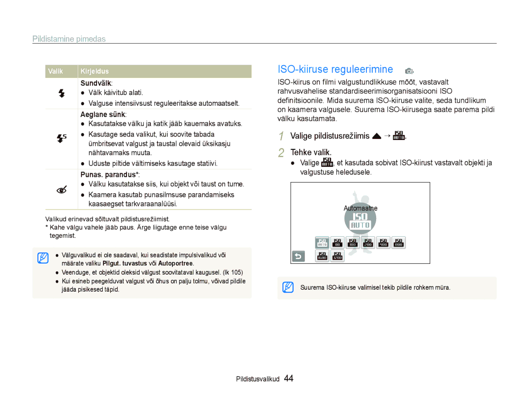 Samsung EC-ST5000BPARU manual ISO-kiiruse reguleerimine p, Pildistamine pimedas, Valige pildistusrežiimis f “ Tehke valik 