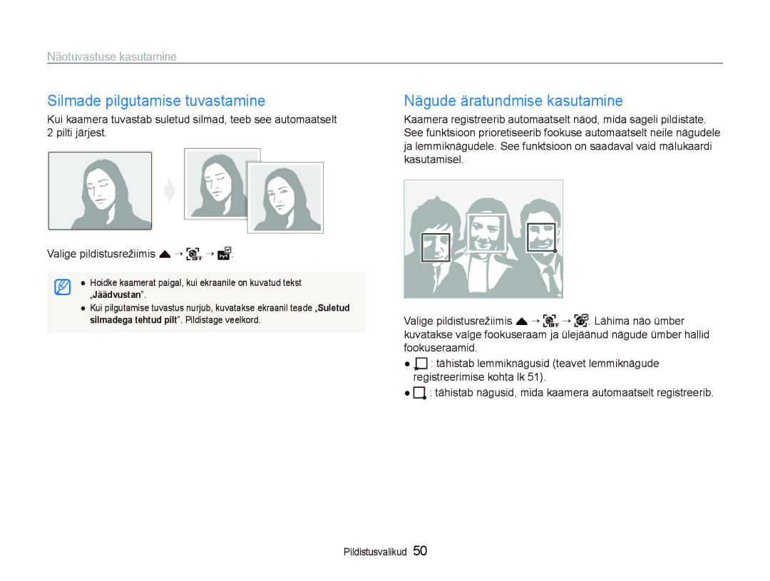 Samsung EC-ST5000BPARU, EC-ST5000BPBRU manual Silmade pilgutamise tuvastamine, Nägude äratundmise kasutamine 