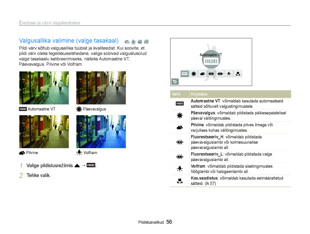 Samsung EC-ST5000BPARU manual Valgusallika valimine valge tasakaal p d v D, Valige pildistusrežiimis f ““ Tehke valik 