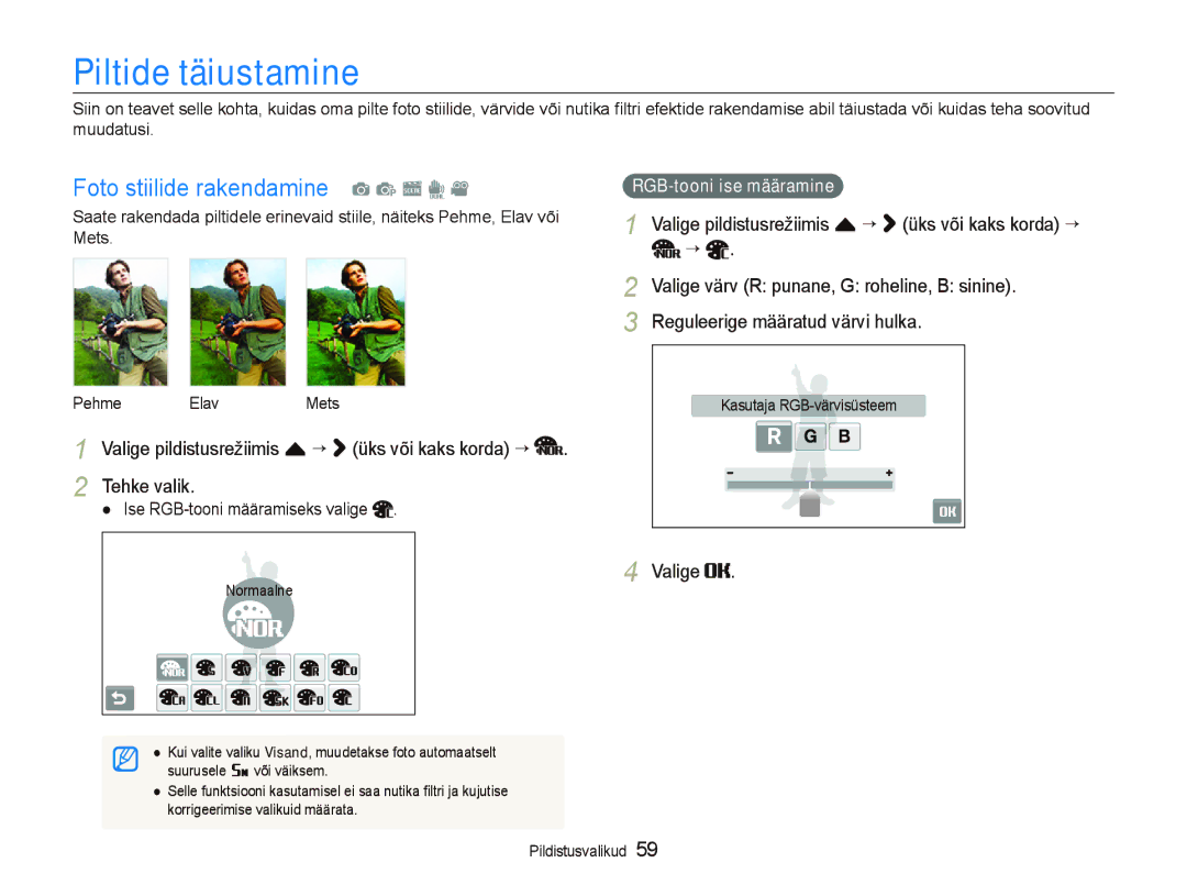 Samsung EC-ST5000BPBRU Piltide täiustamine, Foto stiilide rakendamine a p s d, Valige värv R punane, G roheline, B sinine 