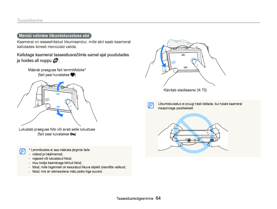 Samsung EC-ST5000BPARU, EC-ST5000BPBRU manual Taasesitamine, Menüü valimine liikumistuvastuse abil, Käivitab slaidiseansi lk 