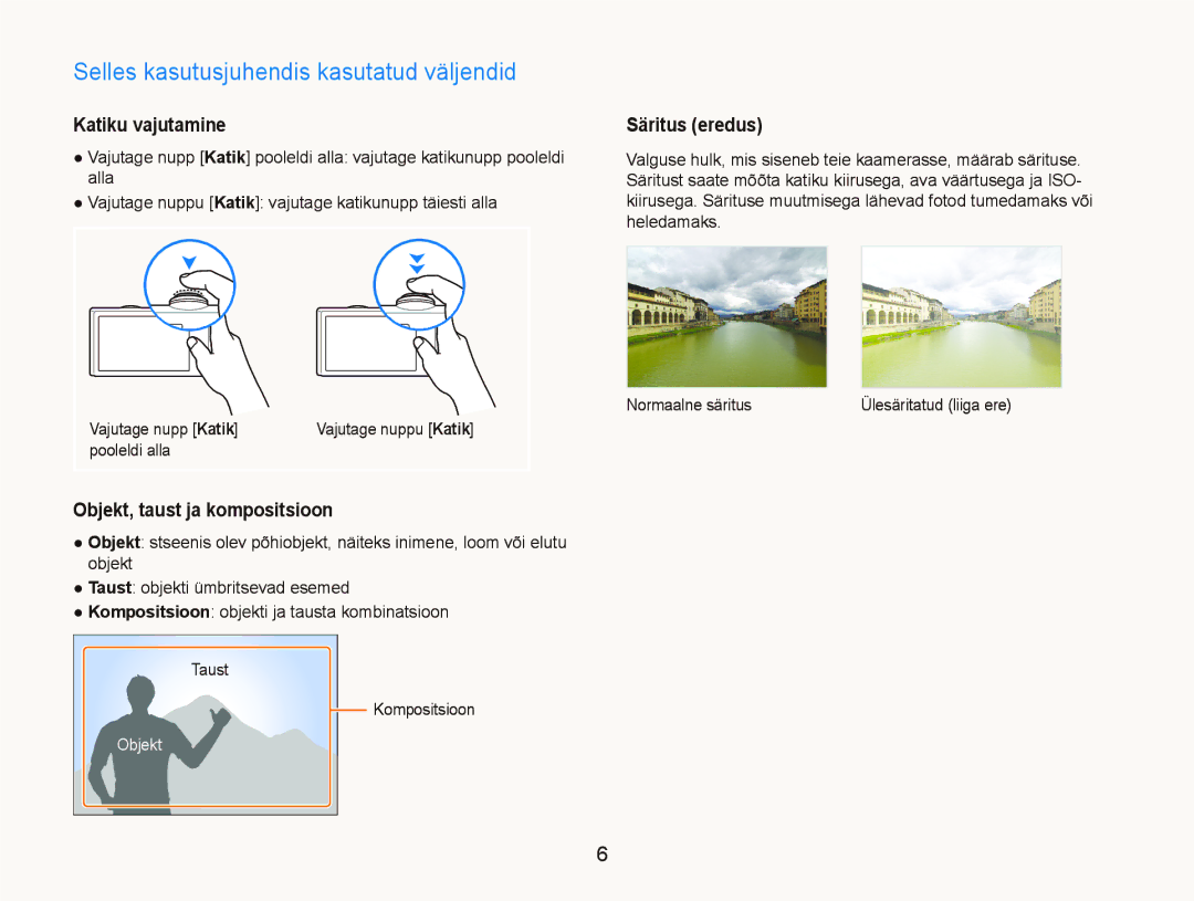 Samsung EC-ST5000BPARU manual Selles kasutusjuhendis kasutatud väljendid, Katiku vajutamine, Objekt, taust ja kompositsioon 