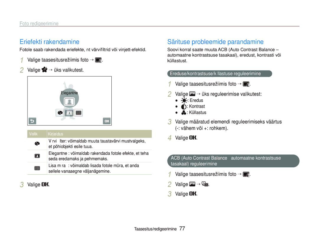 Samsung EC-ST5000BPBRU, EC-ST5000BPARU manual Eriefekti rakendamine, Särituse probleemide parandamine, Valige 