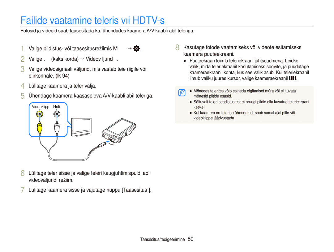 Samsung EC-ST5000BPARU, EC-ST5000BPBRU manual Failide vaatamine teleris või HDTV-s, Lülitage kaamera ja teler välja 