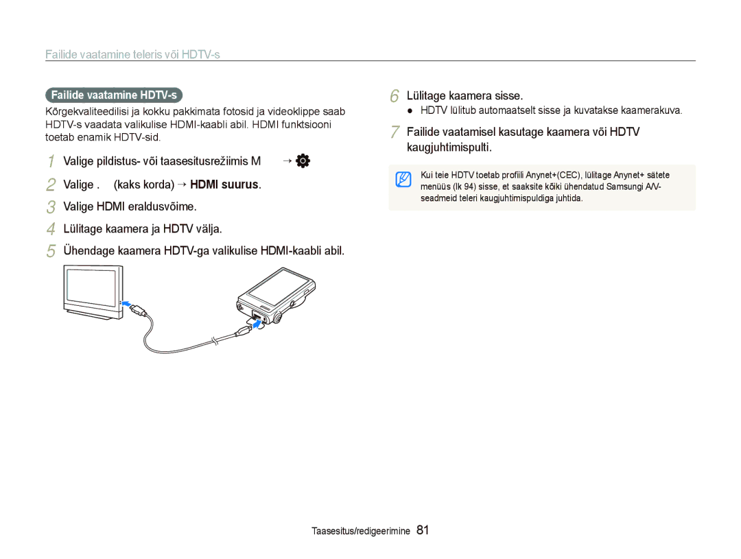 Samsung EC-ST5000BPBRU, EC-ST5000BPARU manual Failide vaatamine teleris või HDTV-s, Failide vaatamine HDTV-s 