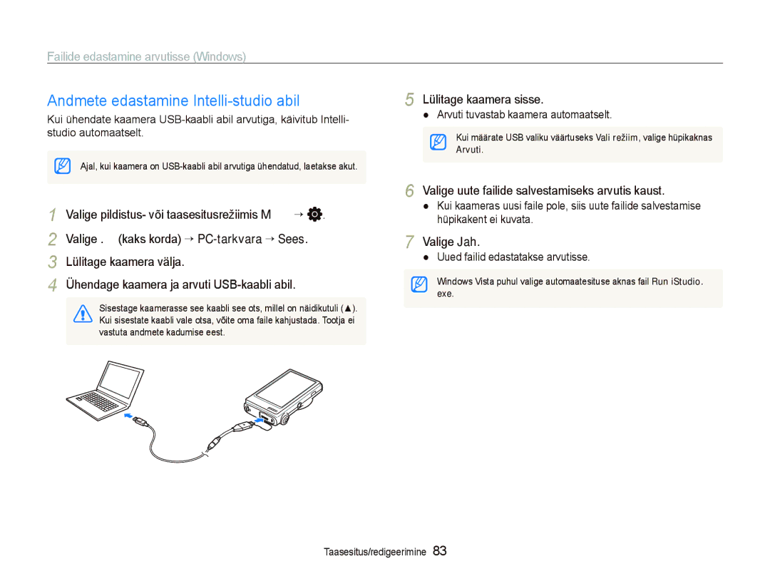 Samsung EC-ST5000BPBRU, EC-ST5000BPARU manual Andmete edastamine Intelli-studio abil, Failide edastamine arvutisse Windows 