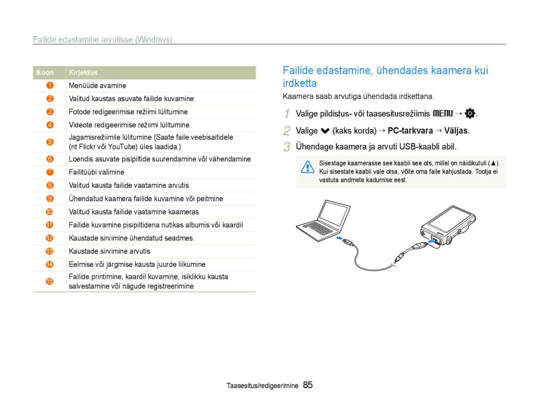 Samsung EC-ST5000BPBRU manual Failide edastamine, ühendades kaamera kui irdketta, Kaamera saab arvutiga ühendada irdkettana 