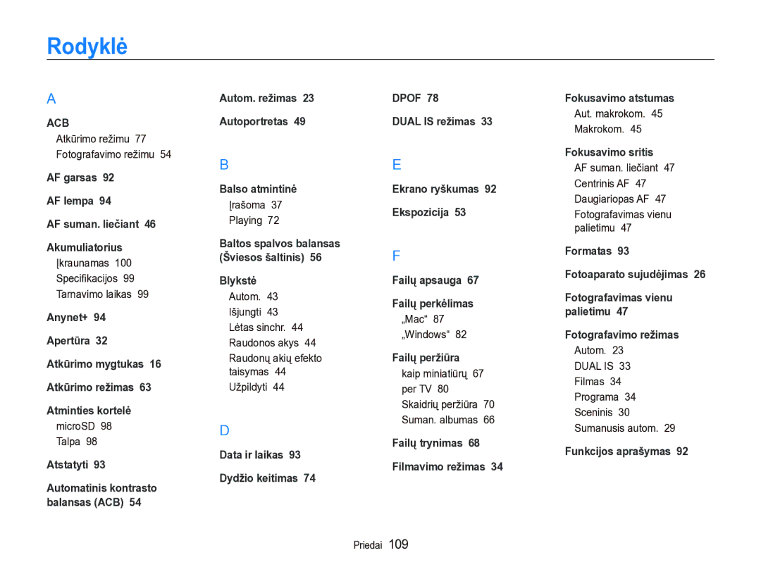 Samsung EC-ST5000BPBRU, EC-ST5000BPARU manual Rodyklė 