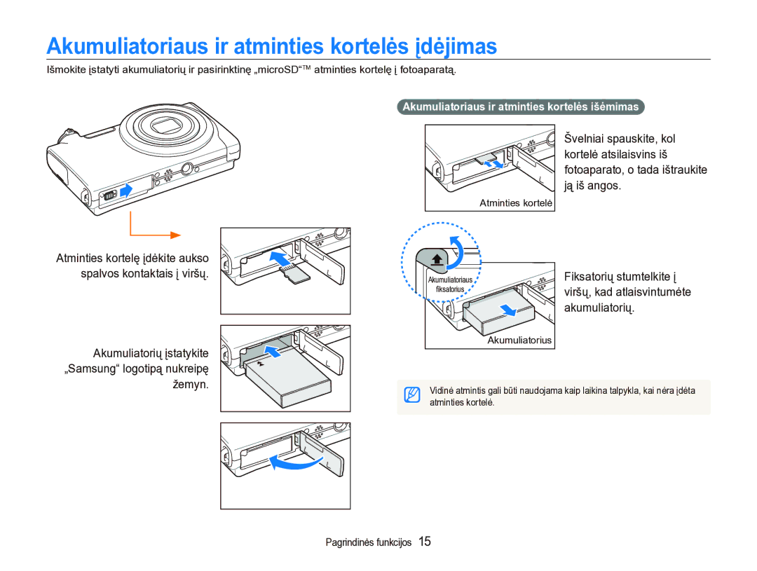 Samsung EC-ST5000BPBRU, EC-ST5000BPARU manual Akumuliatoriaus ir atminties kortelės įdėjimas, Žemyn 