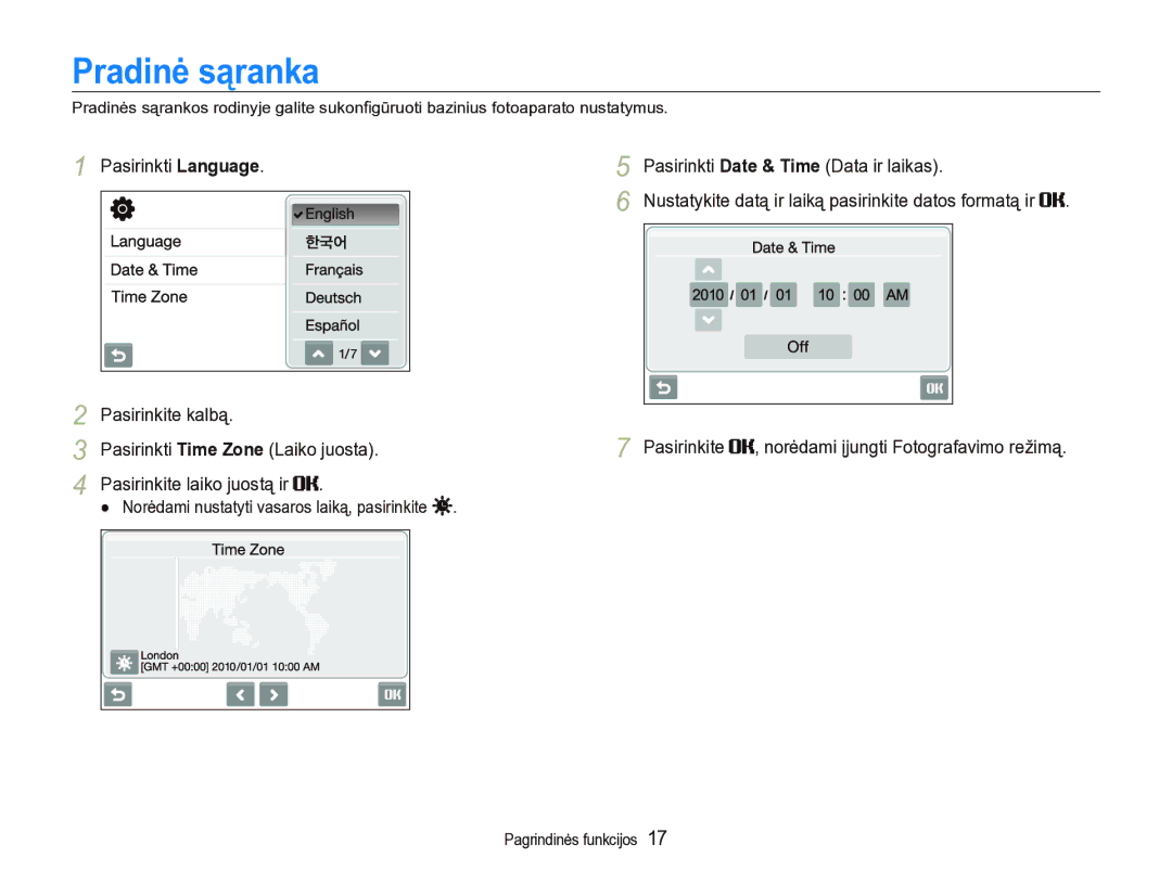 Samsung EC-ST5000BPBRU, EC-ST5000BPARU manual Pradinė sąranka, Pasirinkti Language, Pasirinkti Date & Time Data ir laikas 