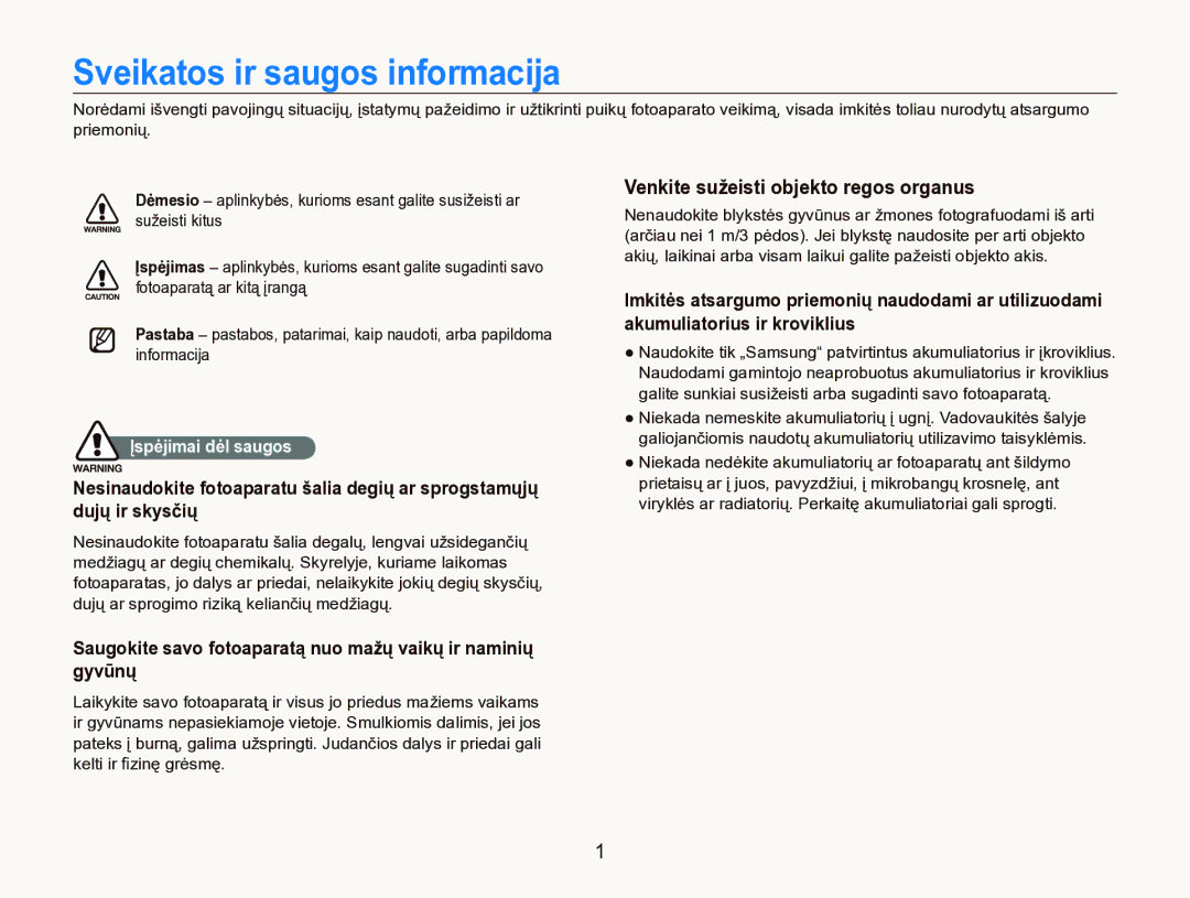 Samsung EC-ST5000BPBRU manual Sveikatos ir saugos informacija, Saugokite savo fotoaparatą nuo mažų vaikų ir naminių gyvūnų 