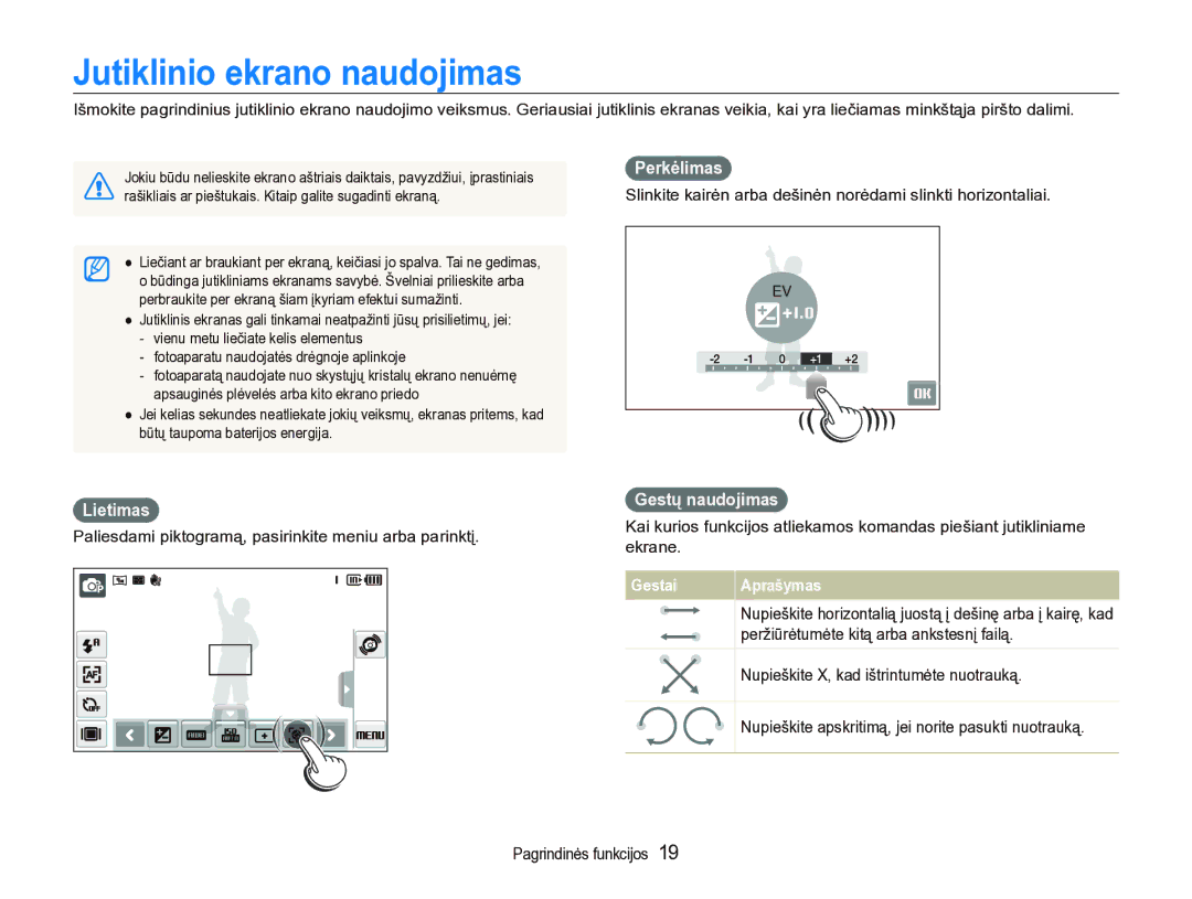 Samsung EC-ST5000BPBRU, EC-ST5000BPARU manual Jutiklinio ekrano naudojimas 