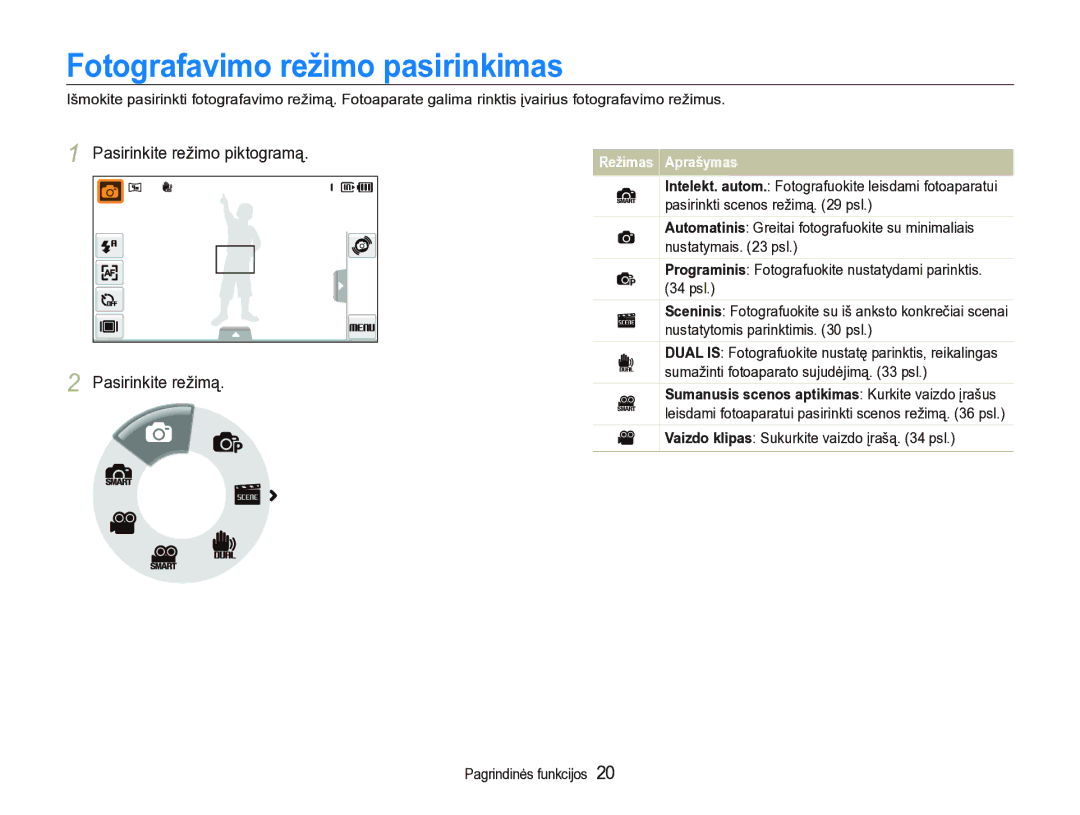 Samsung EC-ST5000BPARU, EC-ST5000BPBRU Fotografavimo režimo pasirinkimas, Pasirinkite režimo piktogramą Pasirinkite režimą 