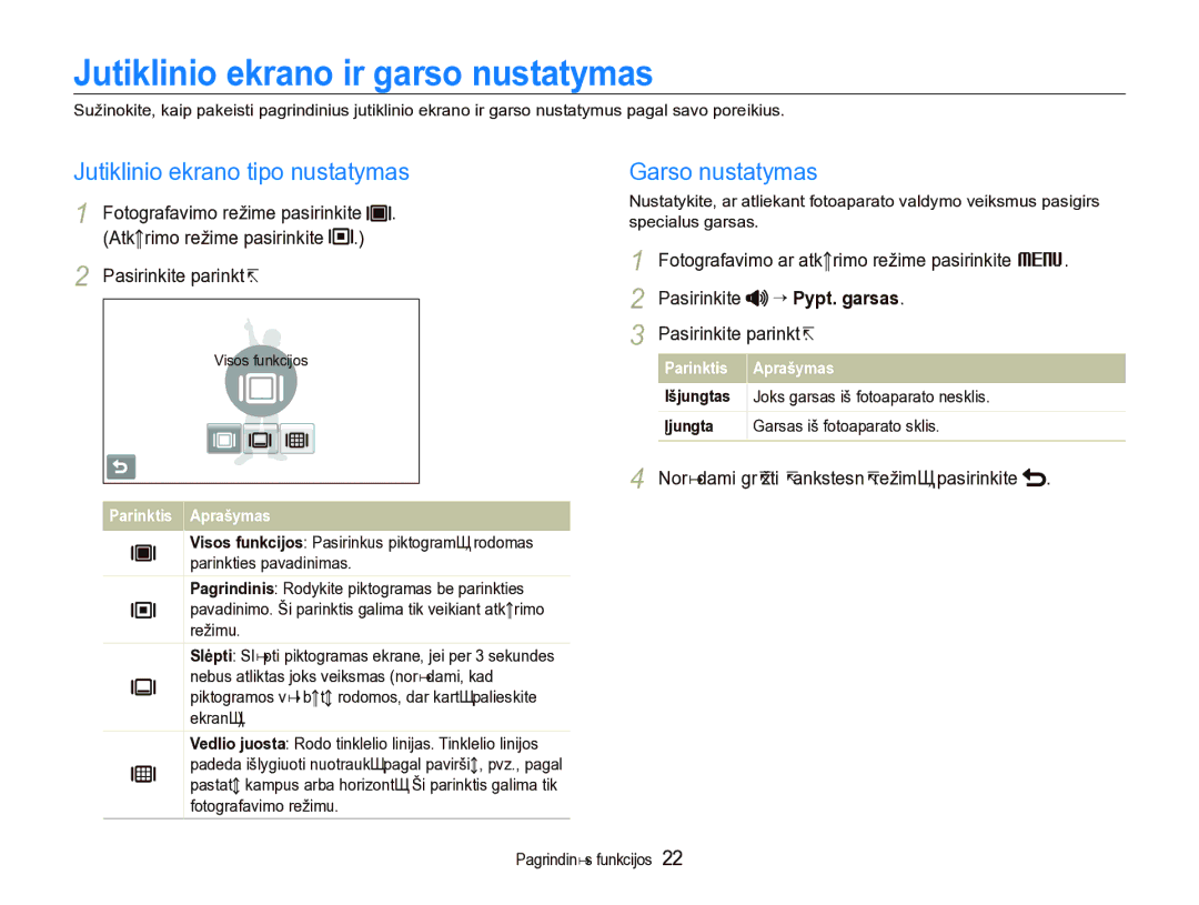 Samsung EC-ST5000BPARU manual Jutiklinio ekrano ir garso nustatymas, Jutiklinio ekrano tipo nustatymas, Garso nustatymas 