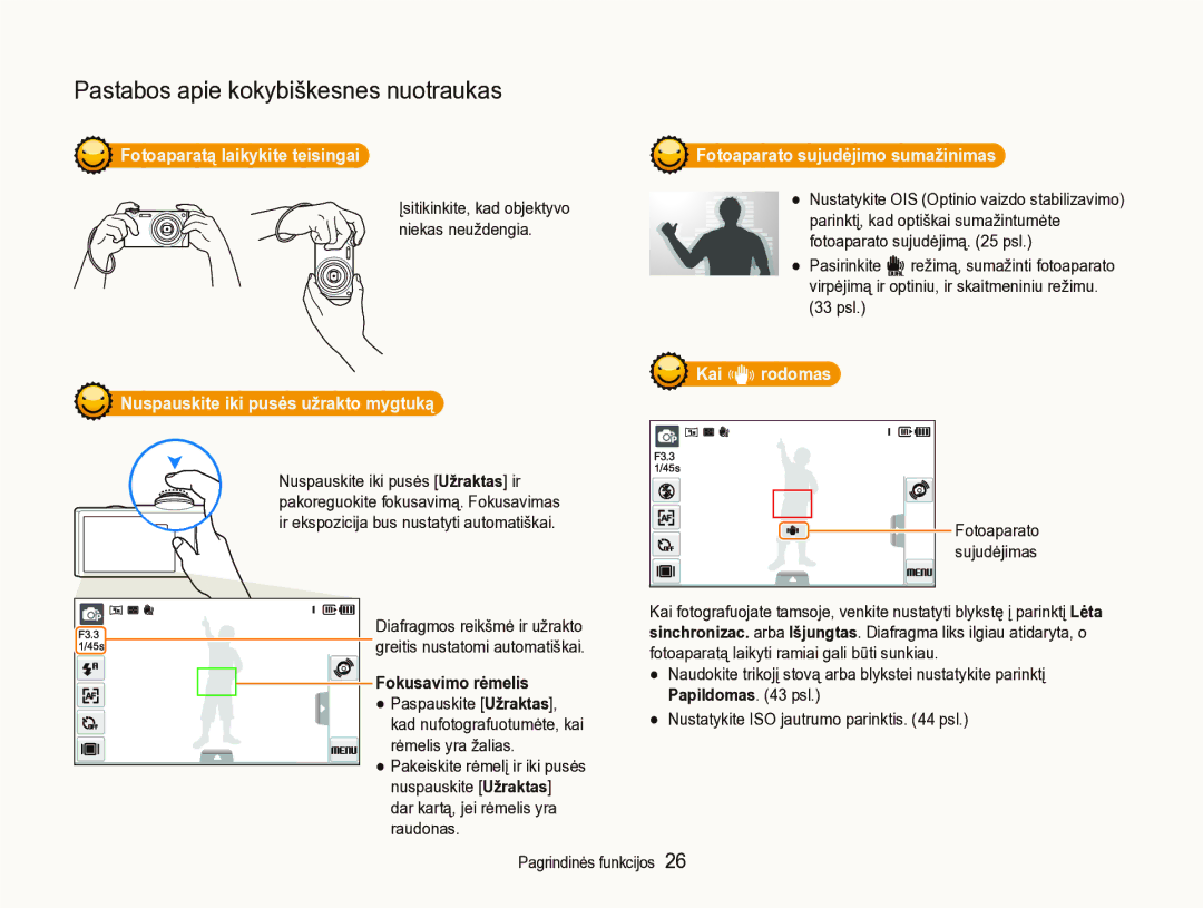 Samsung EC-ST5000BPARU manual Fotoaparatą laikykite teisingai, Nuspauskite iki pusės užrakto mygtuką, Fokusavimo rėmelis 