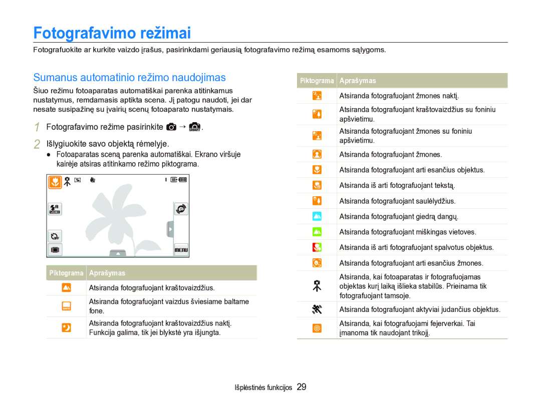 Samsung EC-ST5000BPBRU, EC-ST5000BPARU manual Fotografavimo režimai, Sumanus automatinio režimo naudojimas 