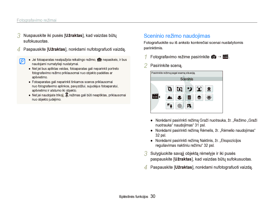 Samsung EC-ST5000BPARU, EC-ST5000BPBRU manual Sceninio režimo naudojimas, Fotografavimo režimai 