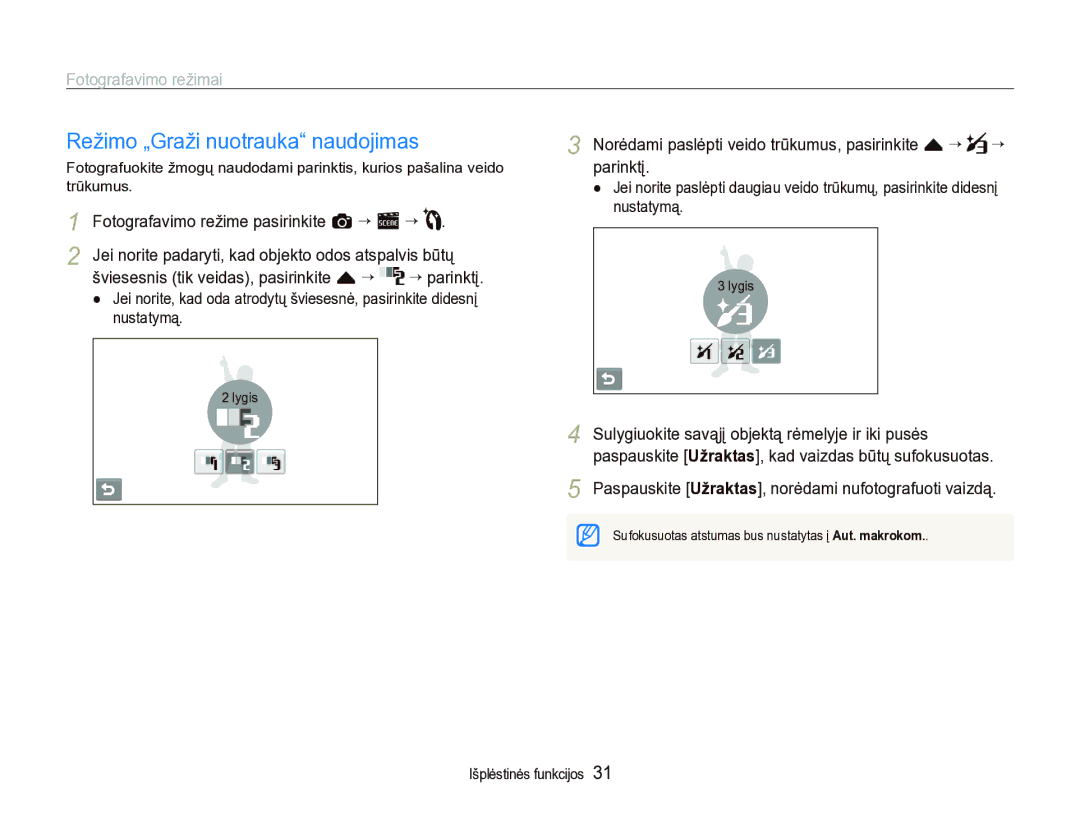 Samsung EC-ST5000BPBRU, EC-ST5000BPARU manual Režimo „Graži nuotrauka naudojimas, Fotografavimo režime pasirinkite a “ s ““ 