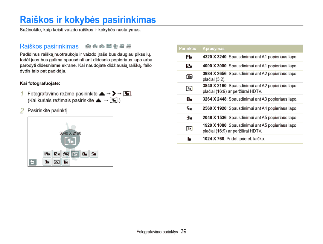 Samsung EC-ST5000BPBRU manual Raiškos ir kokybės pasirinkimas, Raiškos pasirinkimas S a p s d v D, Kai fotografuojate 