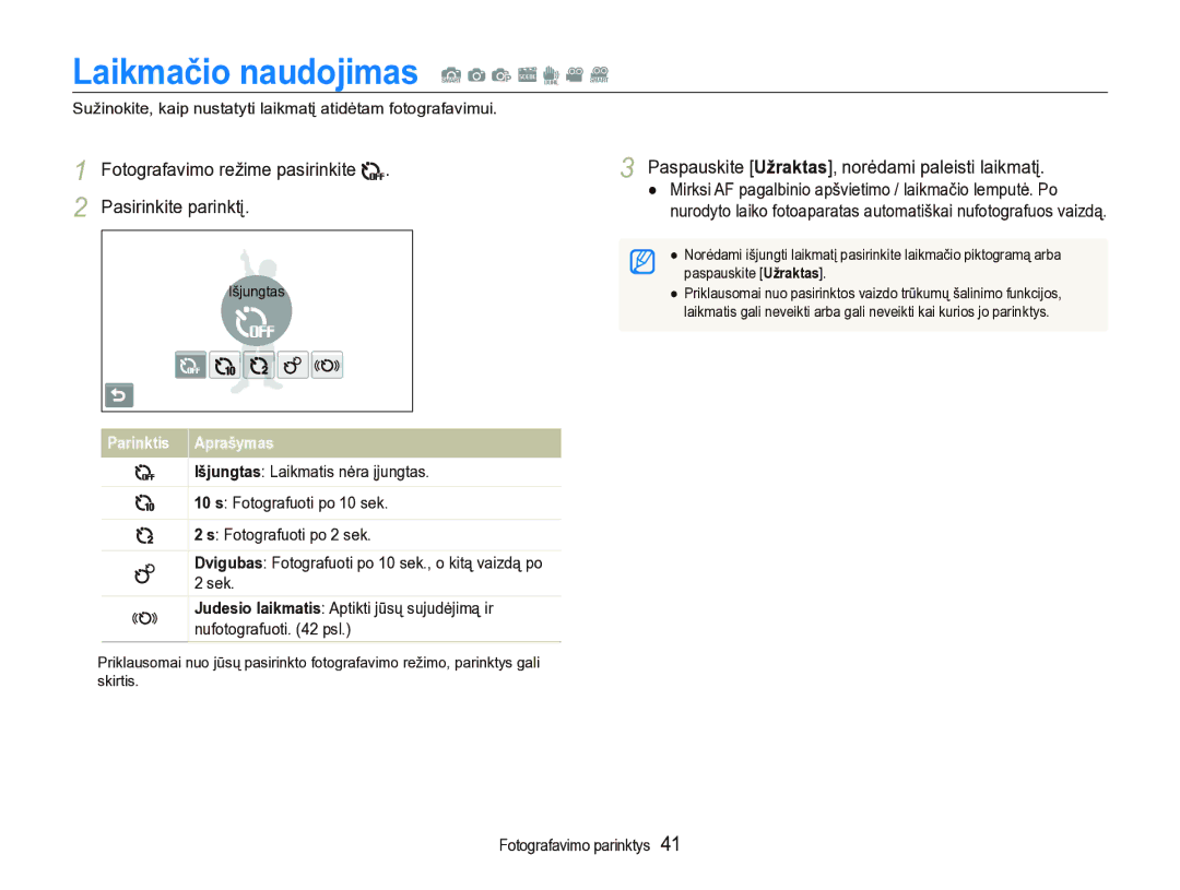 Samsung EC-ST5000BPBRU manual Laikmačio naudojimas S a p s d v D, Fotografavimo režime pasirinkite Pasirinkite parinktį 