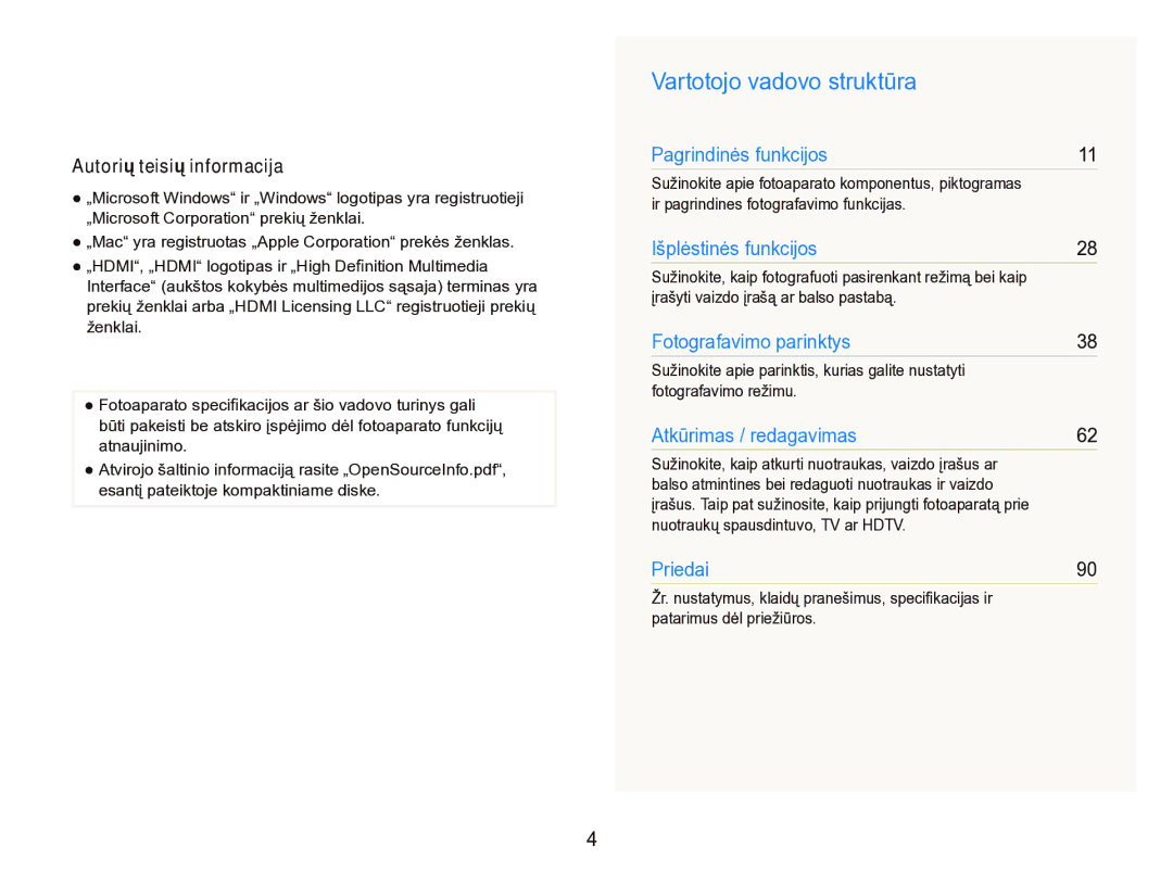 Samsung EC-ST5000BPARU, EC-ST5000BPBRU manual Vartotojo vadovo struktūra, Autorių teisių informacija 