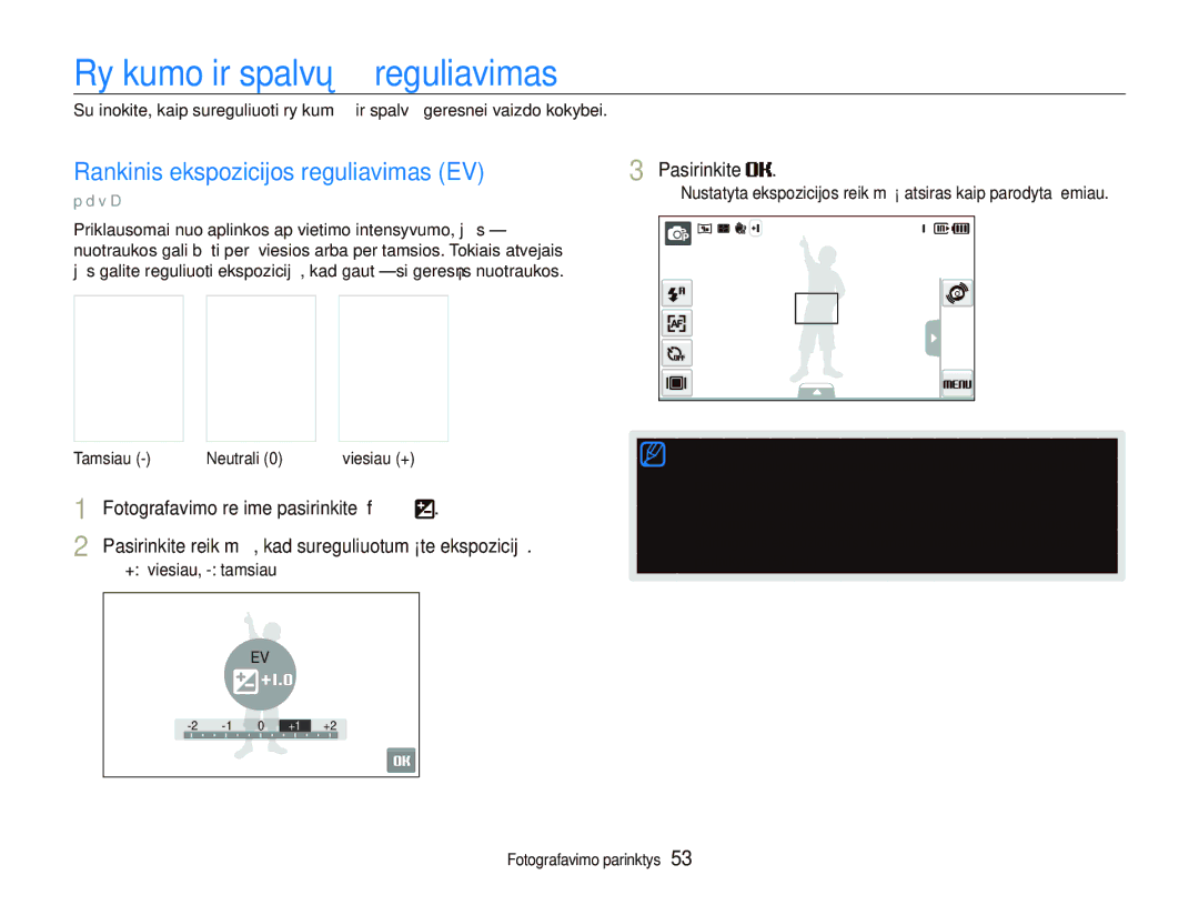 Samsung EC-ST5000BPBRU, EC-ST5000BPARU Ryškumo ir spalvų reguliavimas, Rankinis ekspozicijos reguliavimas EV, Pasirinkite 