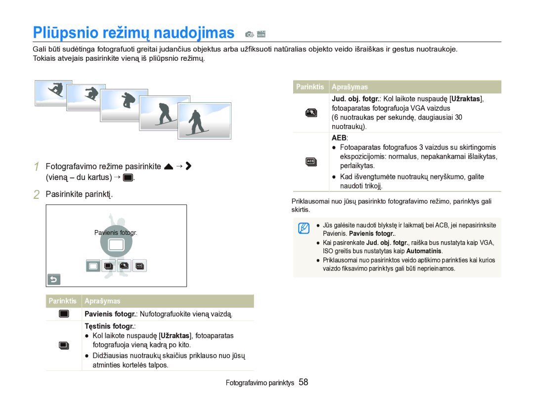 Samsung EC-ST5000BPARU Pliūpsnio režimų naudojimas p s, Pavienis fotogr. Nufotografuokite vieną vaizdą, Tęstinis fotogr 