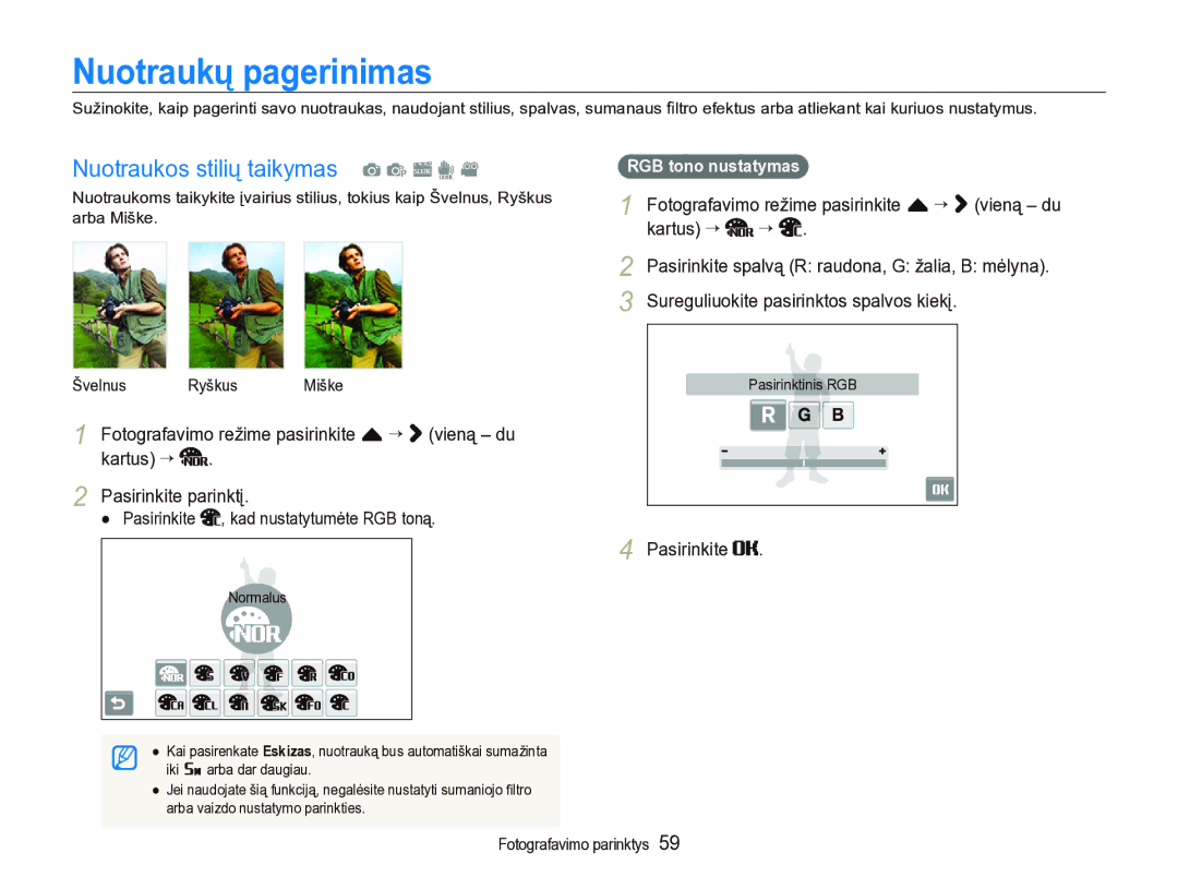 Samsung EC-ST5000BPBRU manual Nuotraukų pagerinimas, Nuotraukos stilių taikymas a p s d, Kartus ““, RGB tono nustatymas 