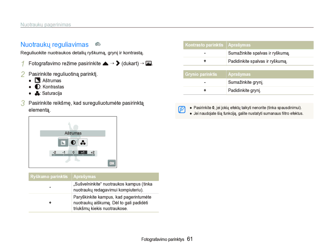 Samsung EC-ST5000BPBRU manual Nuotraukų reguliavimas p, Reguliuokite nuotraukos detalių ryškumą, grynį ir kontrastą 