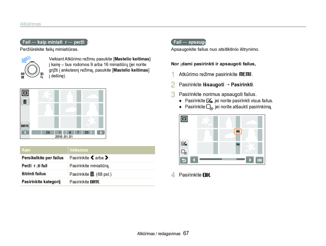 Samsung EC-ST5000BPBRU manual Pasirinkite Išsaugoti ““Pasirinkti, Pasirinkite norimus apsaugoti failus, Failų apsauga 