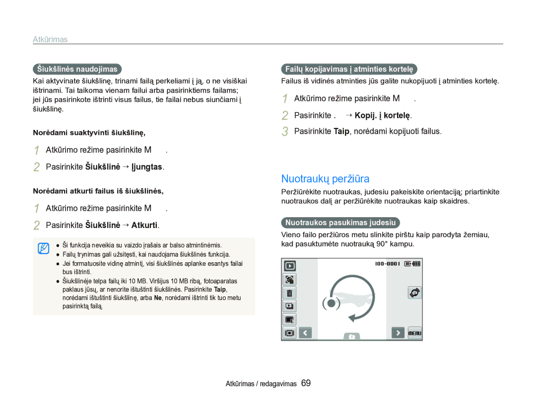 Samsung EC-ST5000BPBRU manual Nuotraukų peržiūra, Pasirinkite Šiukšlinė “ Įjungtas, Pasirinkite . ““Kopij. į kortelę 